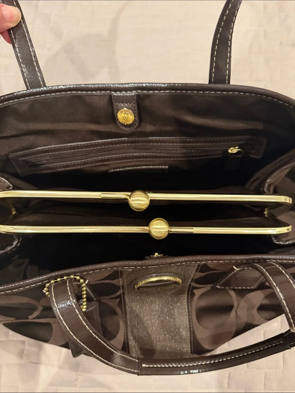 Coach F18036 Y2K Brown Signature Jacquard Kiss Lock Satchel with Gold Accents